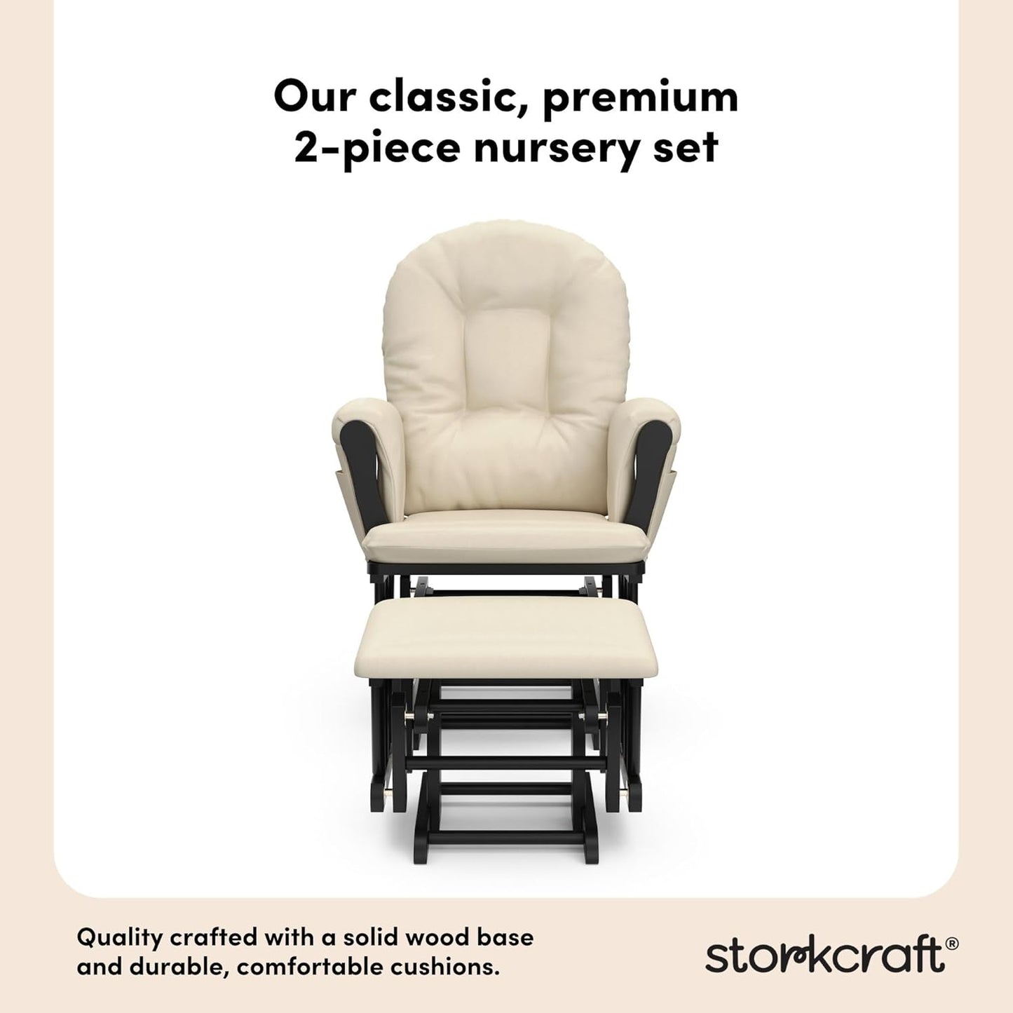 Storkcraft Premium Hoop Glider & Ottoman (Black with Beige) — GREENGUARD Gold Certified, Solid Wood Craftsmanship, Convenient Storage Pockets, Smooth-Gliding Chair for Nursery, Multi-Award-Winning