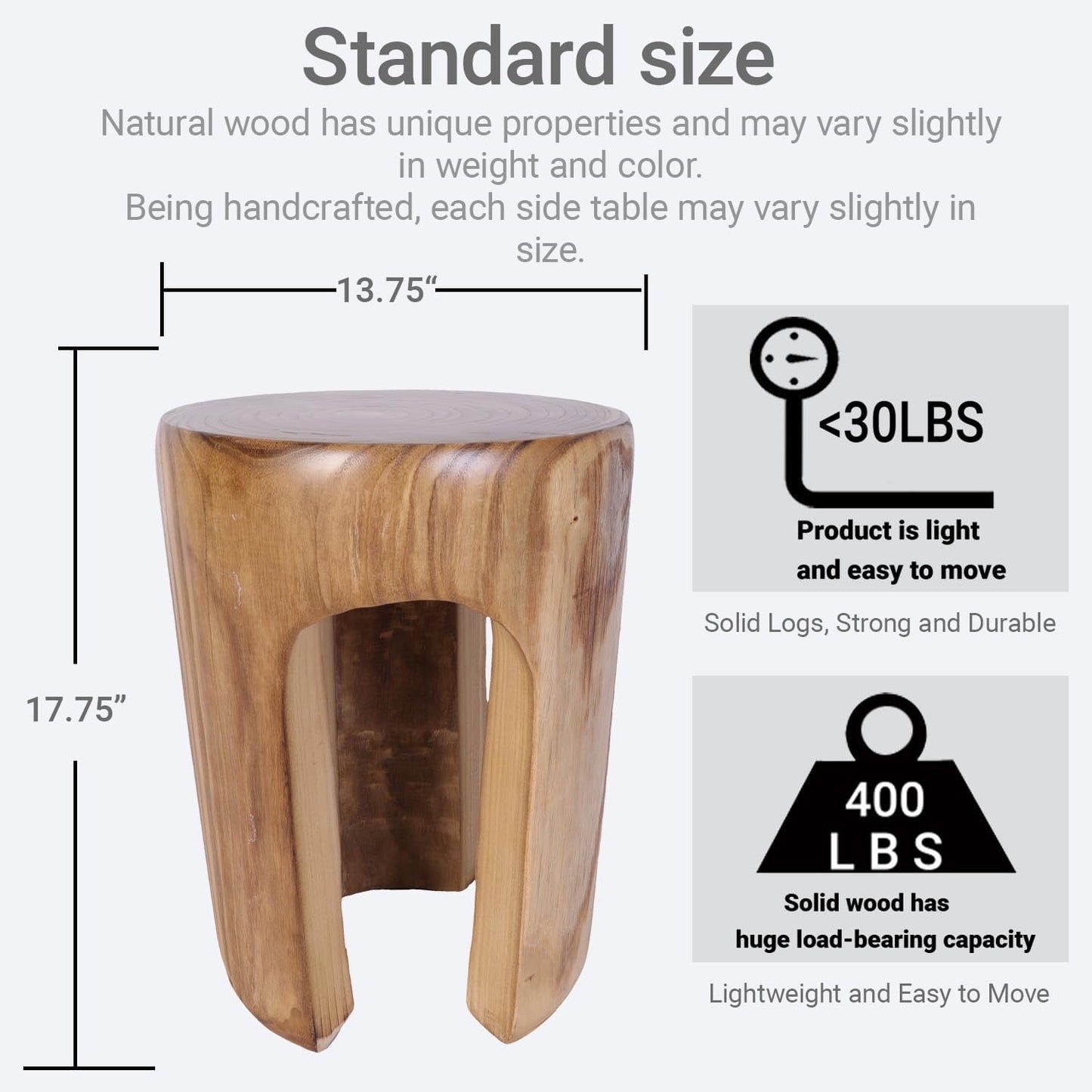 Athaliah Rustic Wood Side Table, 17.75”H Tree Stump End Table, Round Wooden Stool for Living Room, Bedroom, Garden, Patio, Lawn, Home Decor
