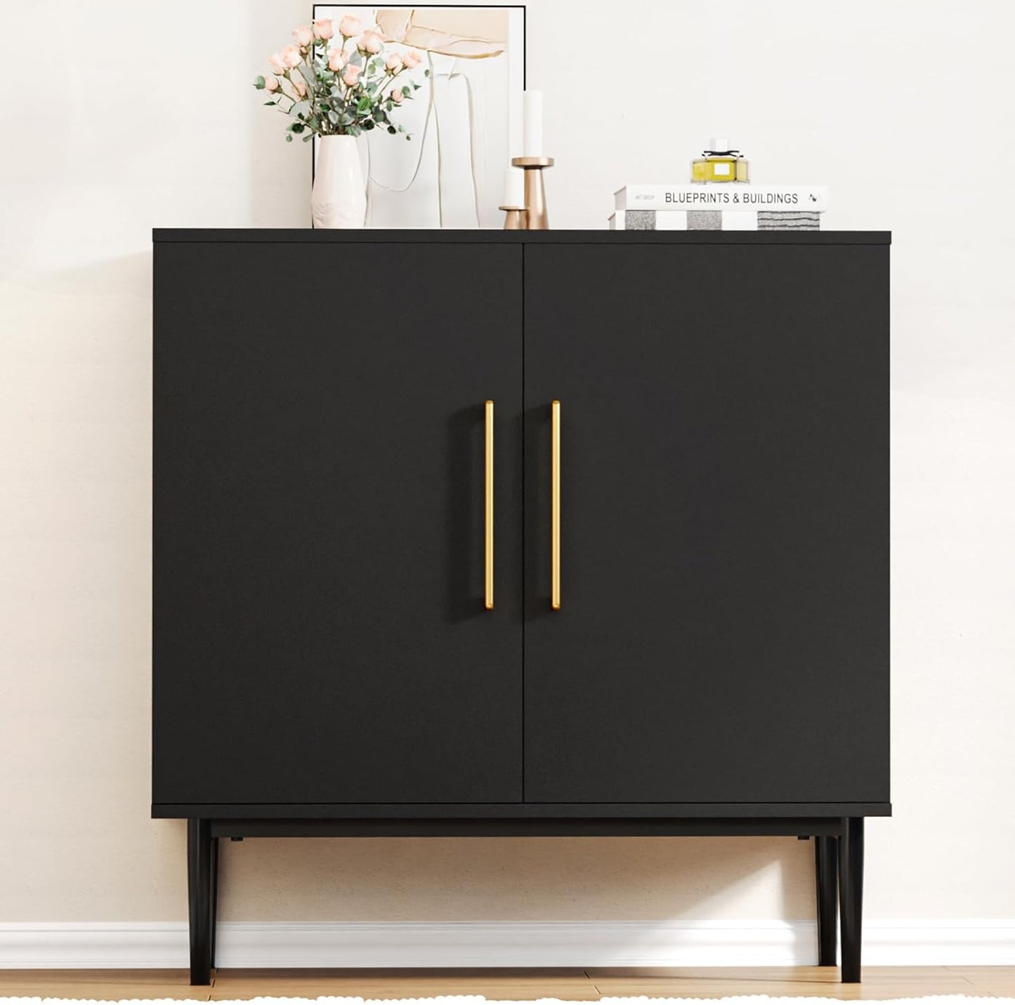 Modern Storage Cabinet, Free Standing Buffet Cabinet, Black Sideboard and Buffet Storage, Wood Accent Furniture for Living Room, Hallway, Entryway, Dining Room, Bedroom (1, Black)