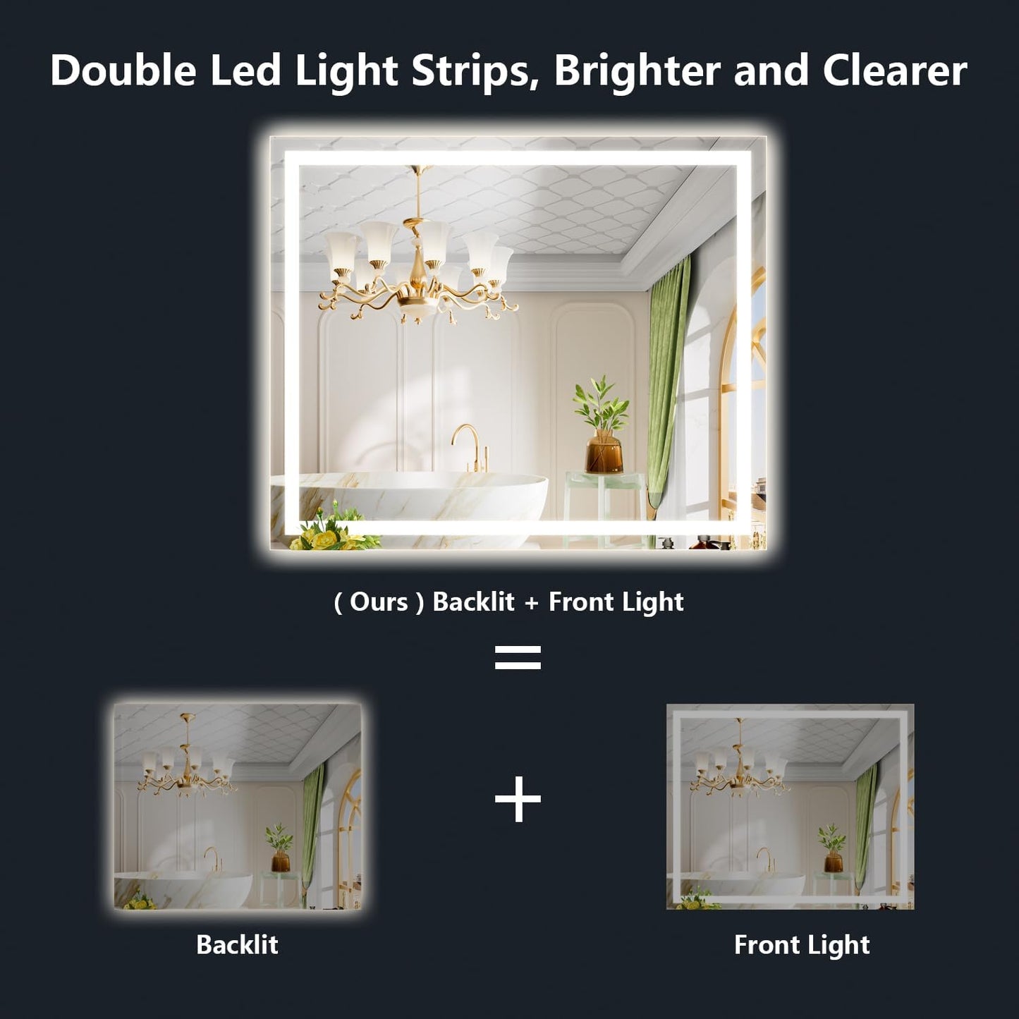 51x40 Inch LED Bathroom Mirror with Lights Front and Backlit Lighted Vanity Mirror for Bathroom Wall with 3 Colors Dimmable Anti-Fog Memory Shatter-Proof IP54 Waterproof Horizontal/Vertical