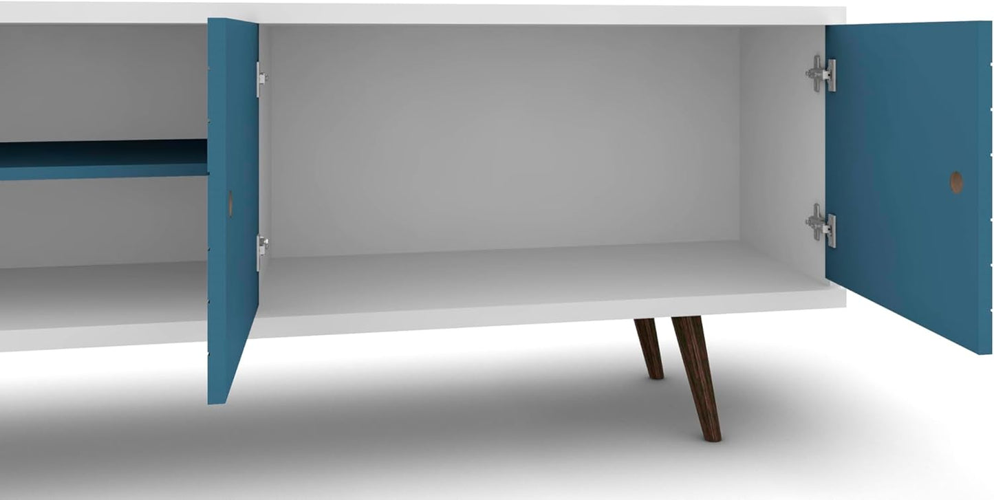 Manhattan Comfort Liberty Mid Century Modern TV Stand for Televisions up to 60 Inches, Bedroom and Living Room Entertainment Center with Storage, Shelves, and Cabinet, 63" Wide, White/Aqua