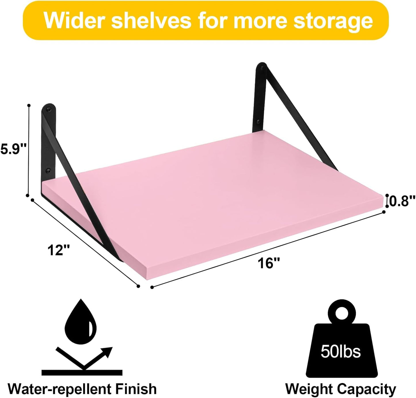 SAUMONIERES Floating Shelves Bookshelf for Bedroom Bathroom Living Room Wood Wall Mounted Wide Deep Storage, Pink Painted Set of 2