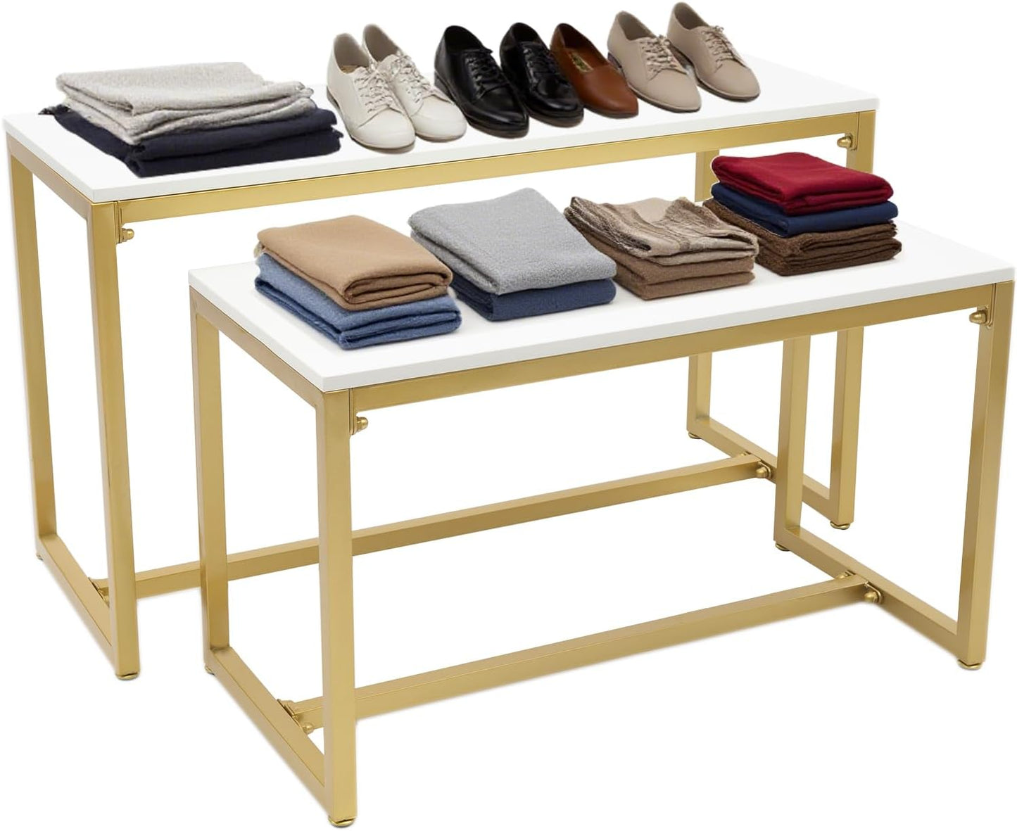 Gold 2-Piece Set Retail Display Tables Modern Nesting Tables - Metal Display Riser Shelf for Shoes, Handbags, Home, Clothing Shops & Retail Stores - 110lbs Load Capacity