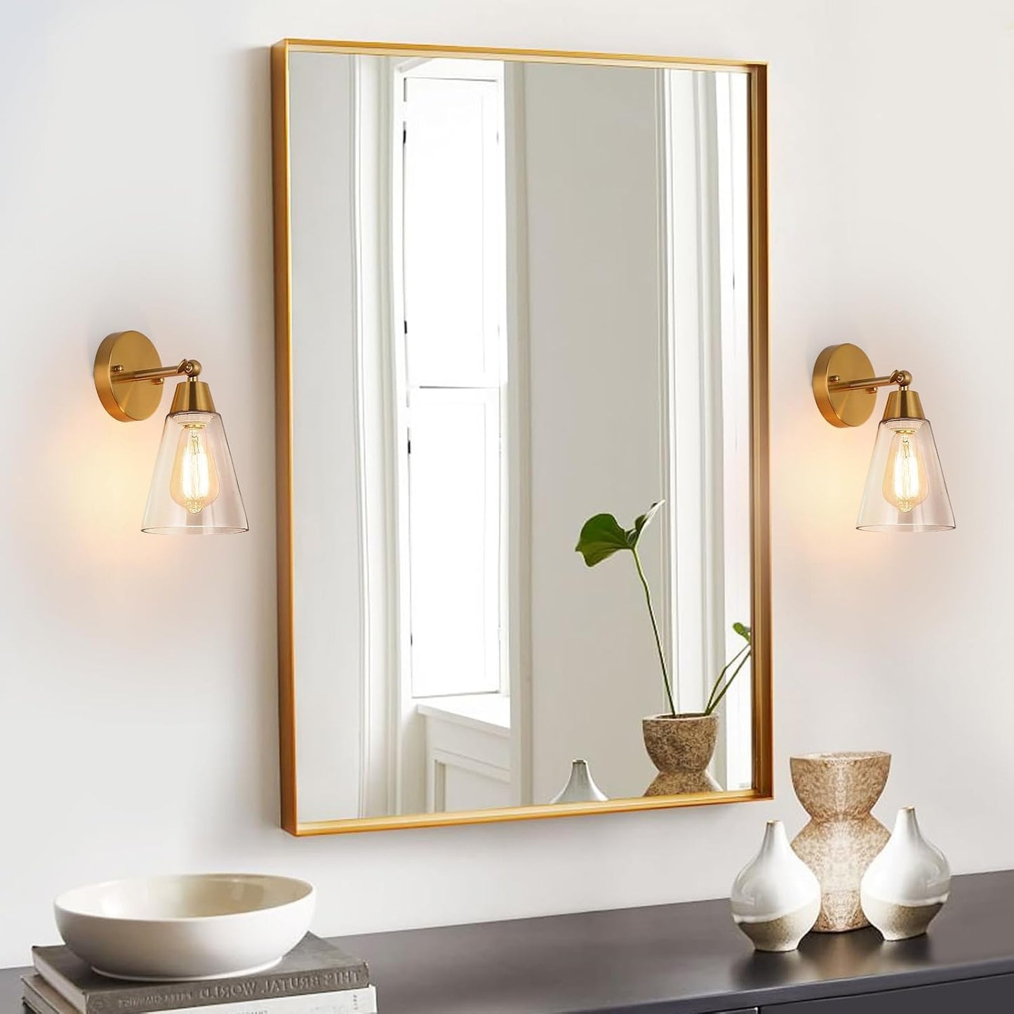 MWZ Gold Wall Sconce Set of 2,Modern Brushed Brass Sconces Lighting with Clear Glass Shade,Bathroom Light Fixtures Over Mirror,Vanity Lights Over Sink,Indoor Wall Mount Adjustable Angle Lamp