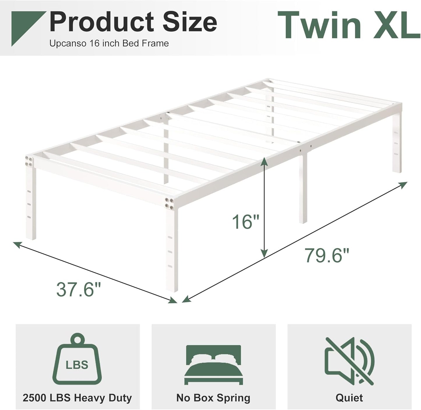 16 Inch White Twin XL Bed Frames, Metal Platform Twin XL Bed Frame with High Storage, Eassy Assembly 2,500 lbs Heavy Duty Bedframes