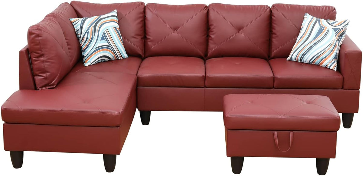NicBex Sectional Couch 3 Pieces Sofa Set with Right Chaise Faux Leather L Shaped Cloud Couch for Living Room Furniture Sets with Storage Ottoman, Modular Sofa for Living Room & Apartment, Red