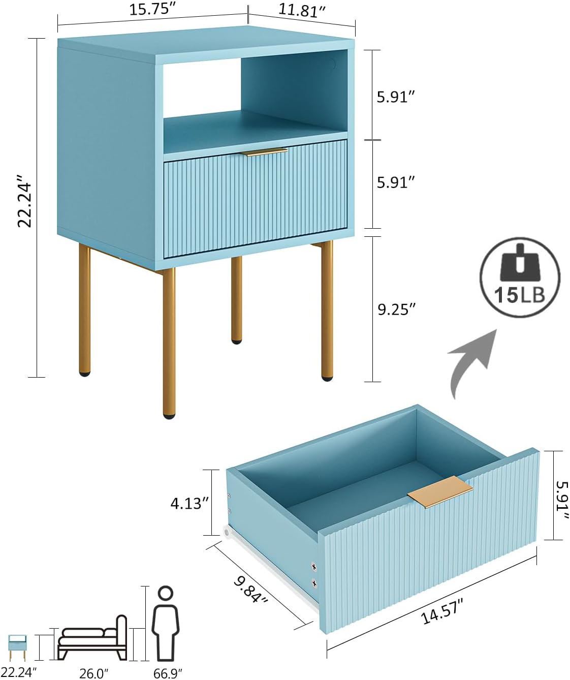 Masupu Night Stand,Mid-Century Modern Bedside Table with Storage Drawer and Open Wood Shelf,Small Gold Frame Side Table for Bedroom,Living Room, Blue