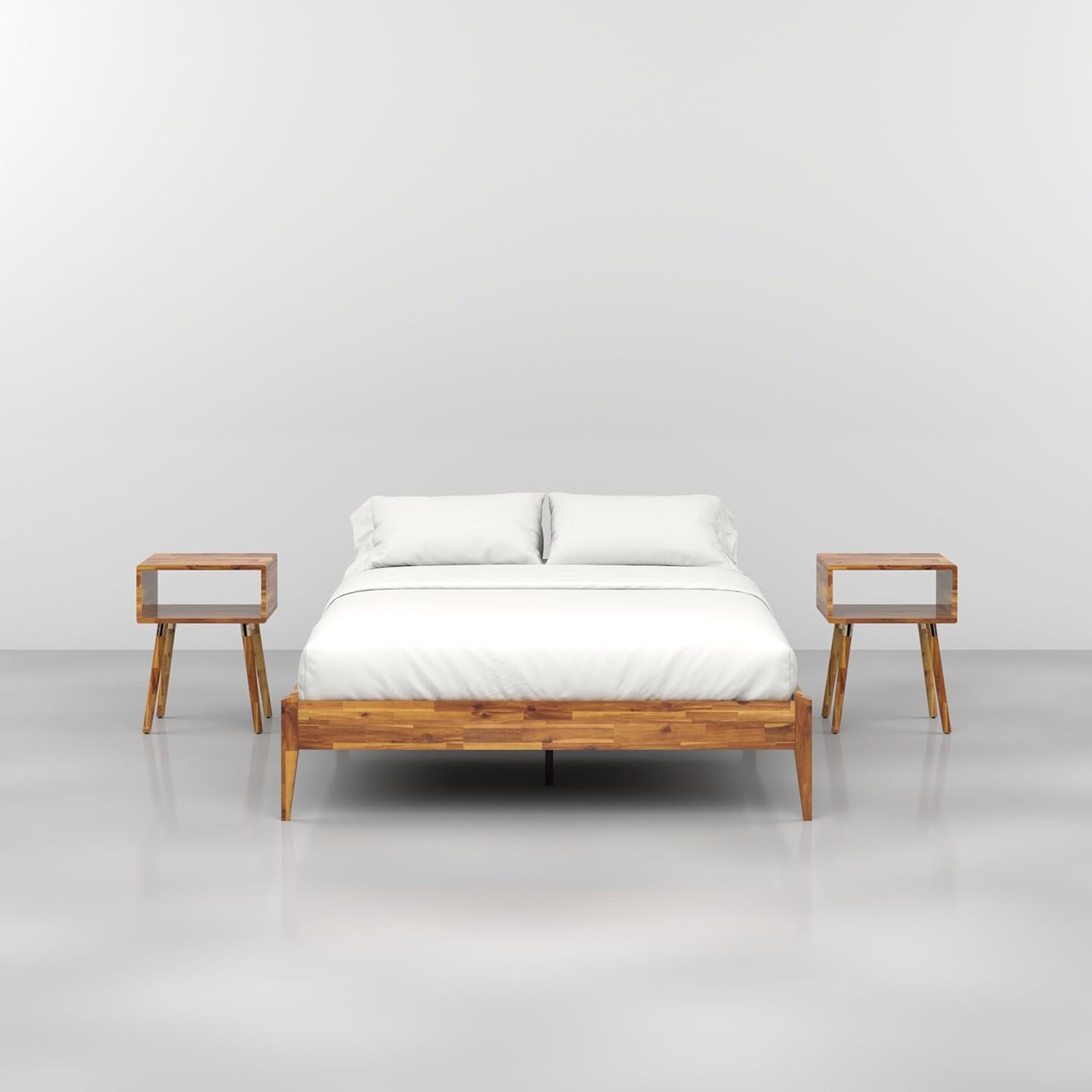 Bme Dinkee Wooden Queen Bed Frame, 15 Inch Height, Elegant Minimalist Modern Design with Japanese Joinery, Durable Wood Slats for Reliable Support, No Box Spring Required, Caramel