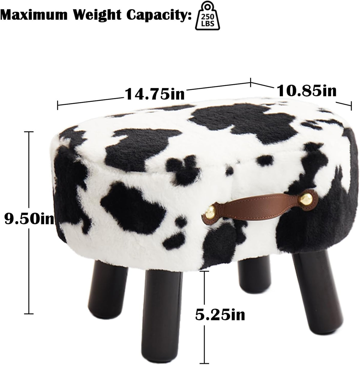 Small Footstool with Handle, Faux Fur Ottoman Foot Rest with Padded Seat, Curved Foot Stool with Wooden Legs, Portable Foot Rest for Living Room, Bedroom, Entryway, Cow