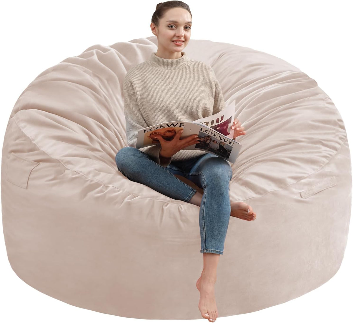 4FT Bean Bag Chair, Large Bean Bag Chairs with Memory Foam Filled, Fluffy Beanbag Sofa with Dutch Velvet Cover, Round BeanBag Chairs for Living Room, Playroom - Beige