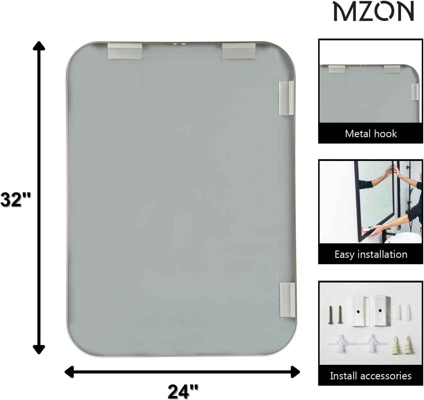 MZON 24x32Inch Brushed Nickel Bathroom Mirror, Rectangle Wall Mounted Mirror for Bathroom or Entryway, Anti-Rust Frame & Tempered Glass, Hangs Horizontally/Vertically - Farmhouse or Bathroom Decor