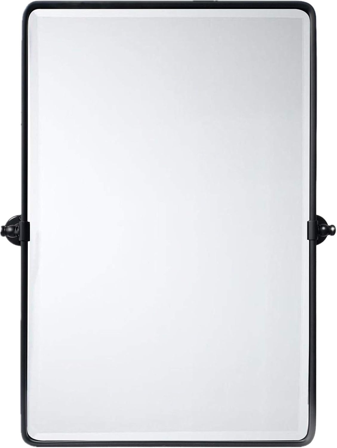 TEHOME Matt Black Pivot Rectangle Bathroom Vanity Mirrror Farmhouse Tiltable Rounded Metal Framed Pivoting Bathroom Mirror with Beveled Mirrror, Overall 27 x 35 inches (Mirrror 23 x 35 inches)