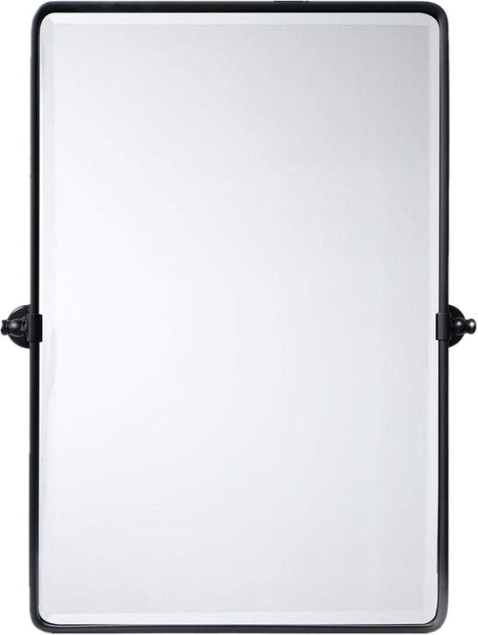 TEHOME Matt Black Pivot Rectangle Bathroom Vanity Mirrror Farmhouse Tiltable Rounded Metal Framed Pivoting Bathroom Mirror with Beveled Mirrror, Overall 27 x 35 inches (Mirrror 23 x 35 inches)