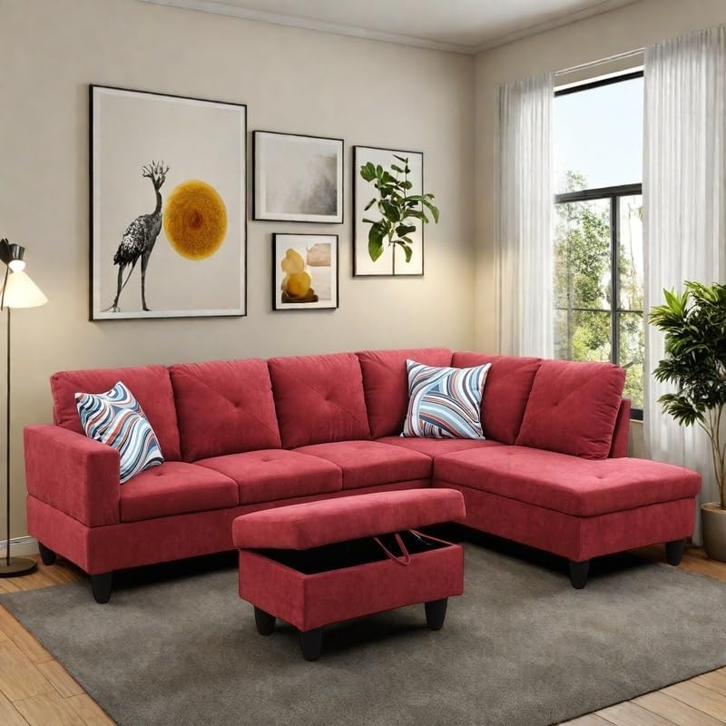 NAYSAYE L Shaped Couch, Modular Sectional Couch with Ottoman Storage, Modern Lounge Sofa Convertible Sectional Couches for Living Room, Apartment, Red