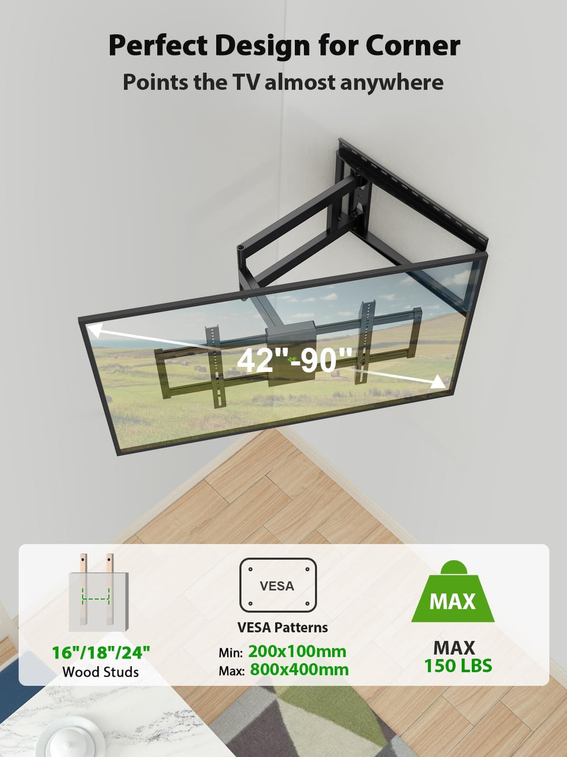 USX Mount Long Arm TV Wall Mount for Most 42-90 inch Television 40 Inch Extension Full Motion TV Mount，Wall Mount Bracket with 90°Swivel Up to 150lbs Fits 16” 18” 20” 24” Stud VESA 800x400mm