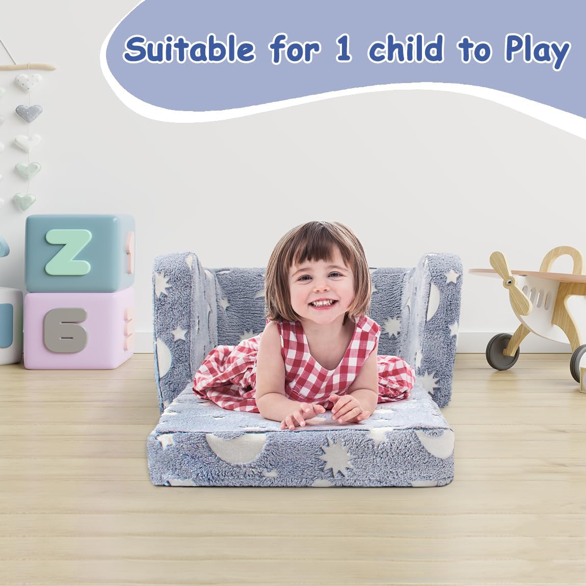 Kids Toddler Chair, 2-in-1 Toddler Couch Fold Out, Convertible Chairs for Toddlers Comfy Sofa to Lounger with Glow in The Dark Feature, Soft for Girls and Boys, Glowing Starry Sky