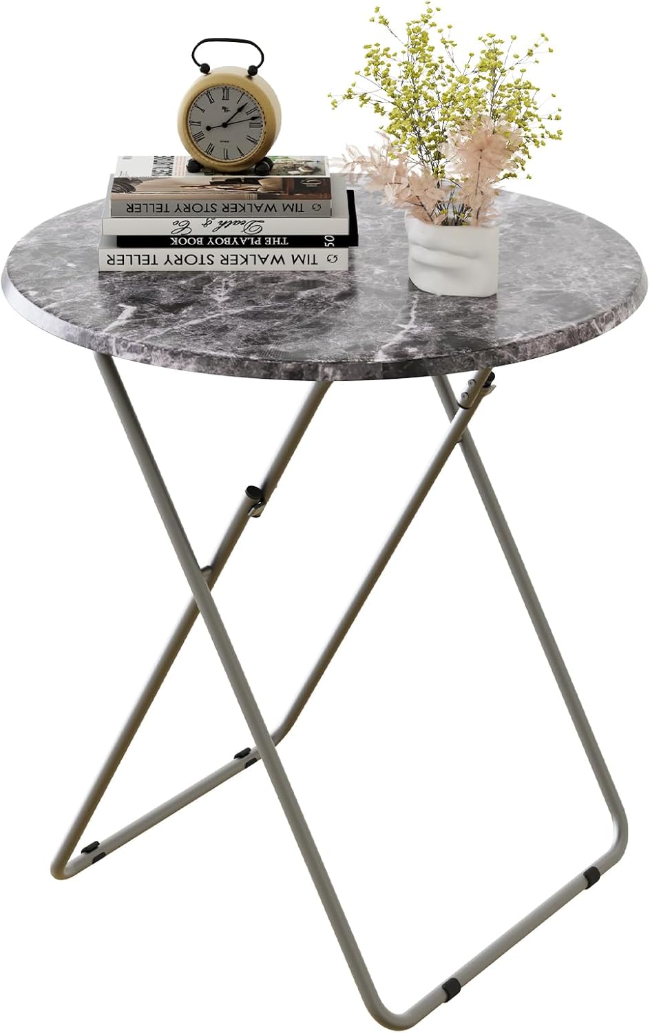 Round Folding TV Tray/TV Trays Dinner Snack Trays Table,Portable Foldable Table Small Sofa Bedside Tables with Light Weight, 17.5 x 17.5 x 26 in(Black Marble)