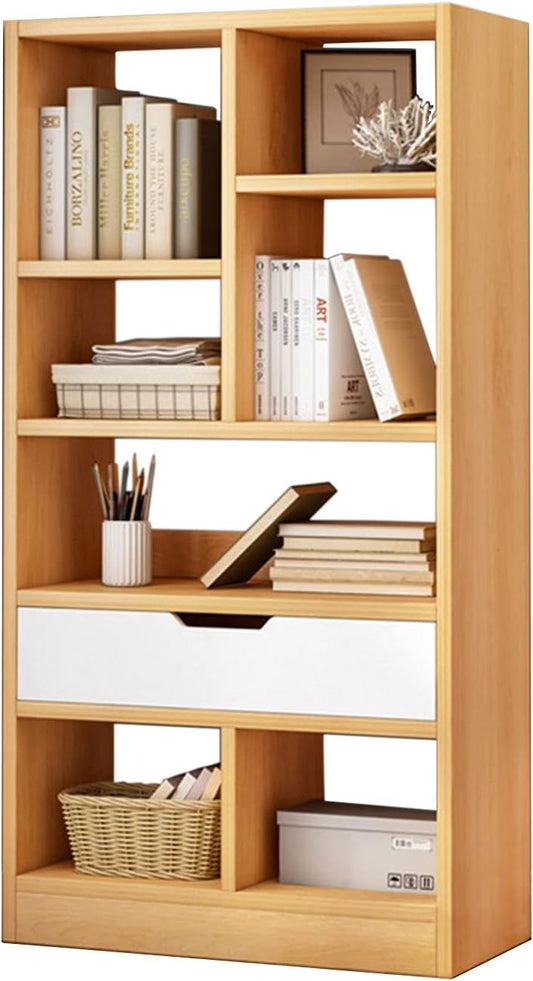 IOTXY Wooden Open Shelf Bookcase - 51" Height Freestanding Display Storage Cabinet Organizer with 7 Cubes and a Drawer, Floor Standing Bookshelf, Yellow