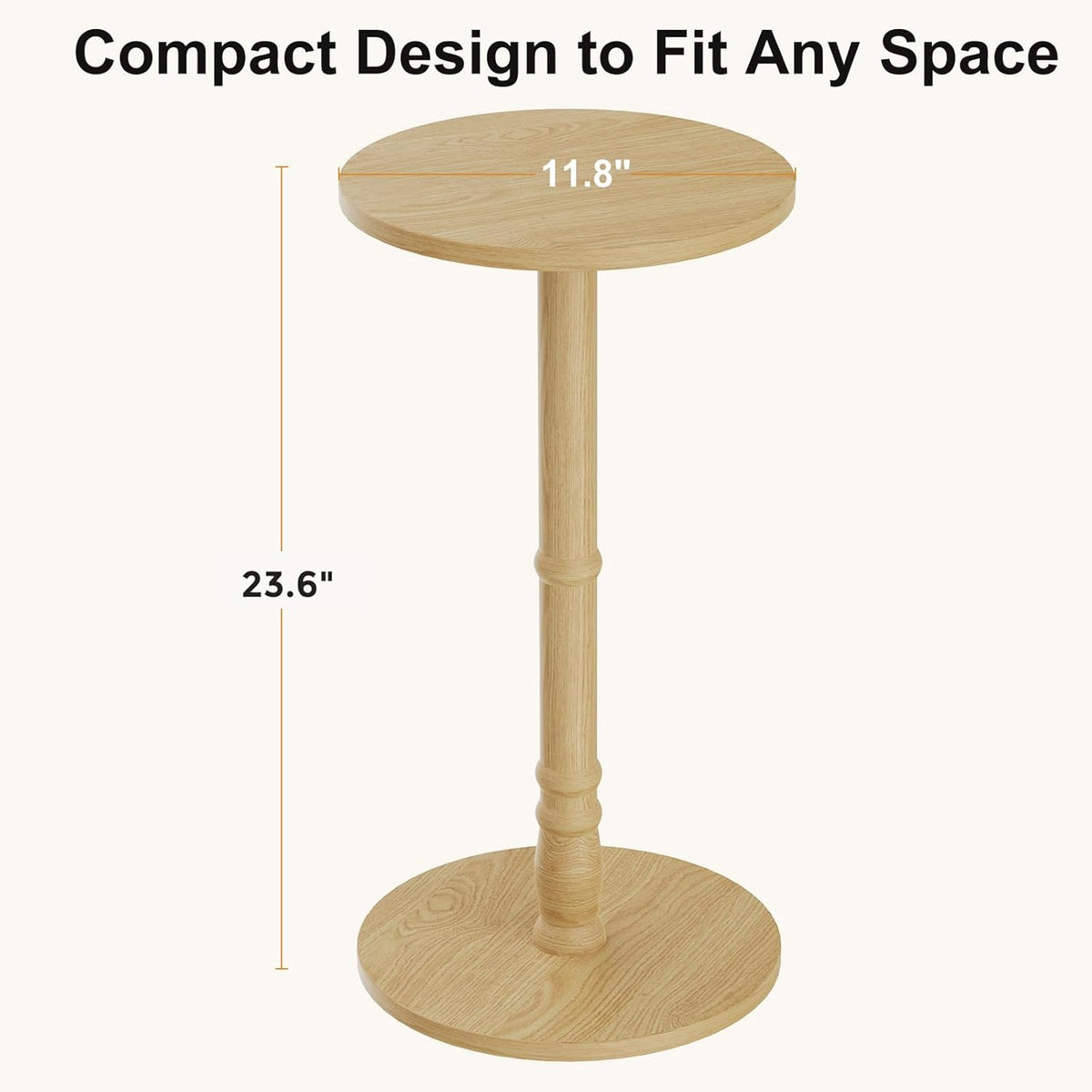 Round Side Table, Solid Wood Pillar with Wood Top & Base, Small Drink Accent Table for Living Room, Bedroom, Sofa & Office, Easy Assembly, Natural