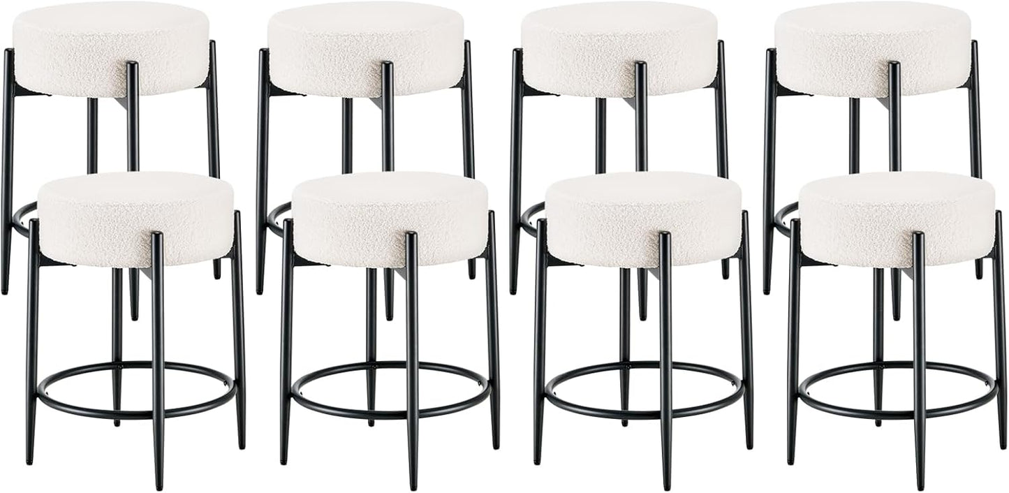 Dining Room Chairs Set of 8, 23.6" Sherpa Backless White Boucle Dining Chair, Mid Century Modern Living Room Round Upholstered Chairs with Black Metal Legs