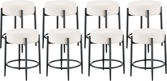 Dining Room Chairs Set of 8, 23.6" Sherpa Backless White Boucle Dining Chair, Mid Century Modern Living Room Round Upholstered Chairs with Black Metal Legs