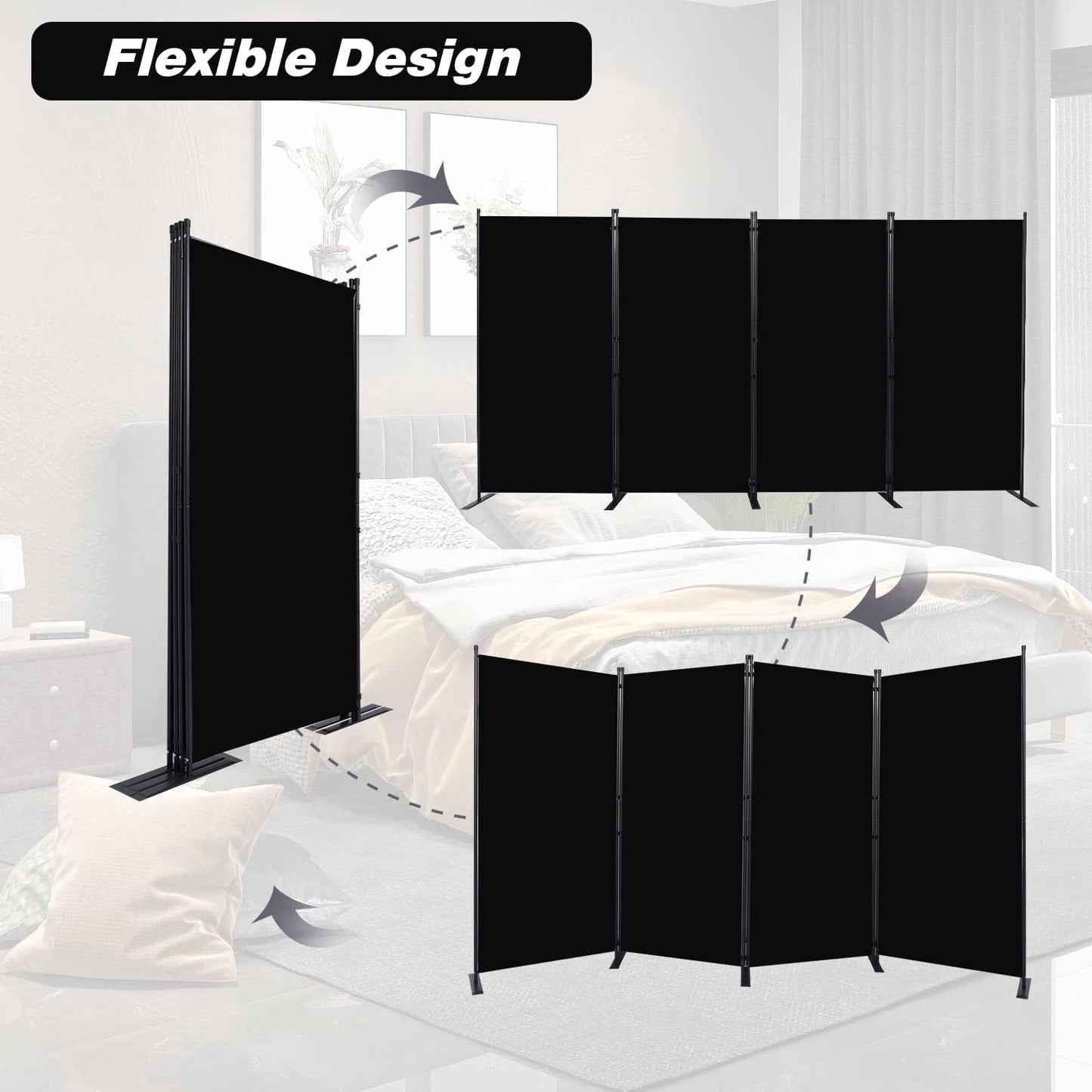 Room Divider, 4 Panel Folding Privacy Screens with Wider Support Feet, 6 Ft Portable Room Partition for Room Separator, 136" W X 71" H, Black