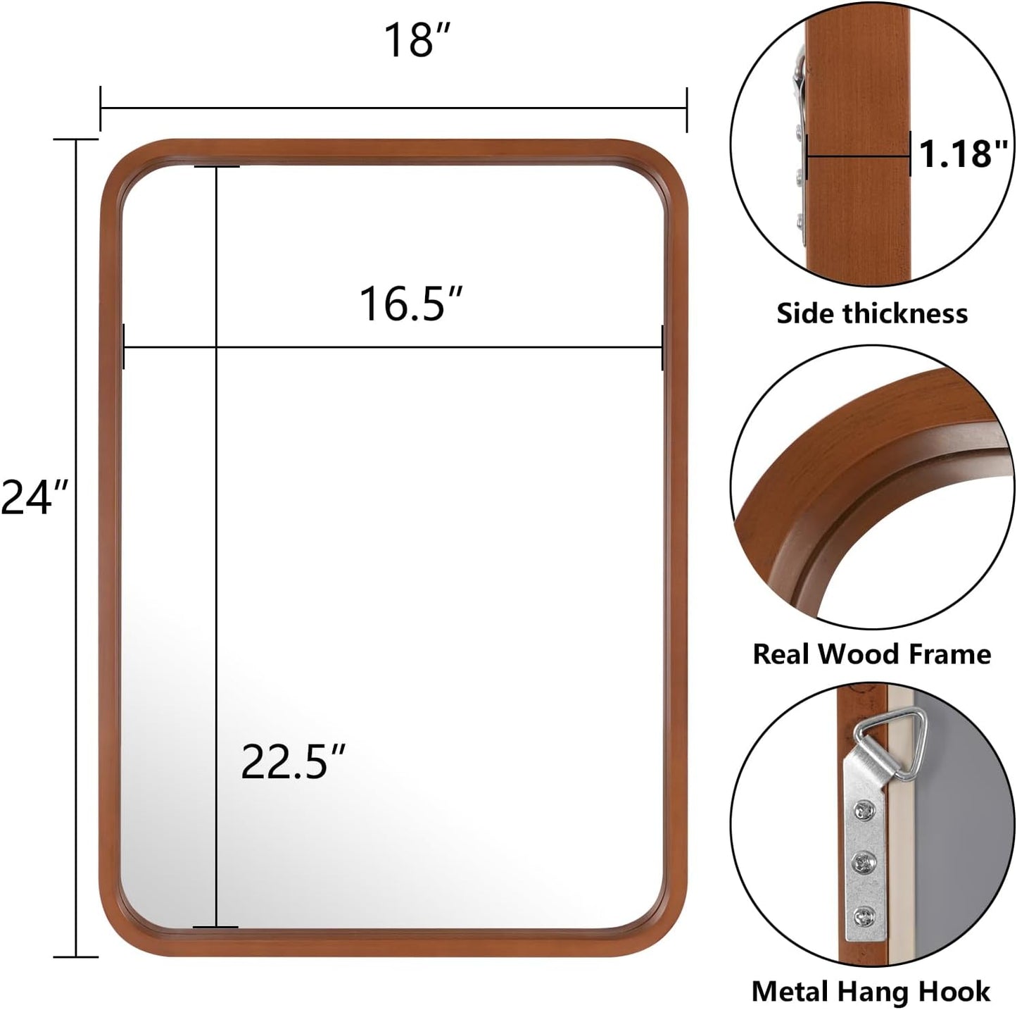 WallBeyond 18x24 Inch Wood Mirror for Bathroom, Wooden Frame Wall Mirror Farmhouse Wall Mounted Rectangle Mirror for Vanity (Horizontal/Vertical Walnut Color)
