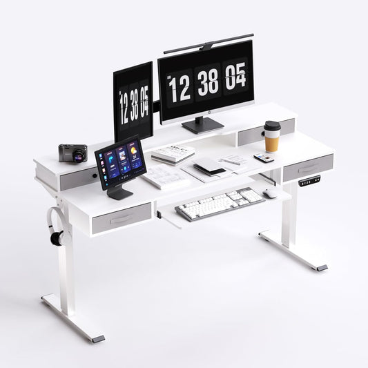 Electric Standing Desk, 55" Standing Desk Adjustable Height, Multifunctional Standing Table with 4 Drawers, Ergonomic Adjustable Standing Desk with Keyboard Tray, Snow White
