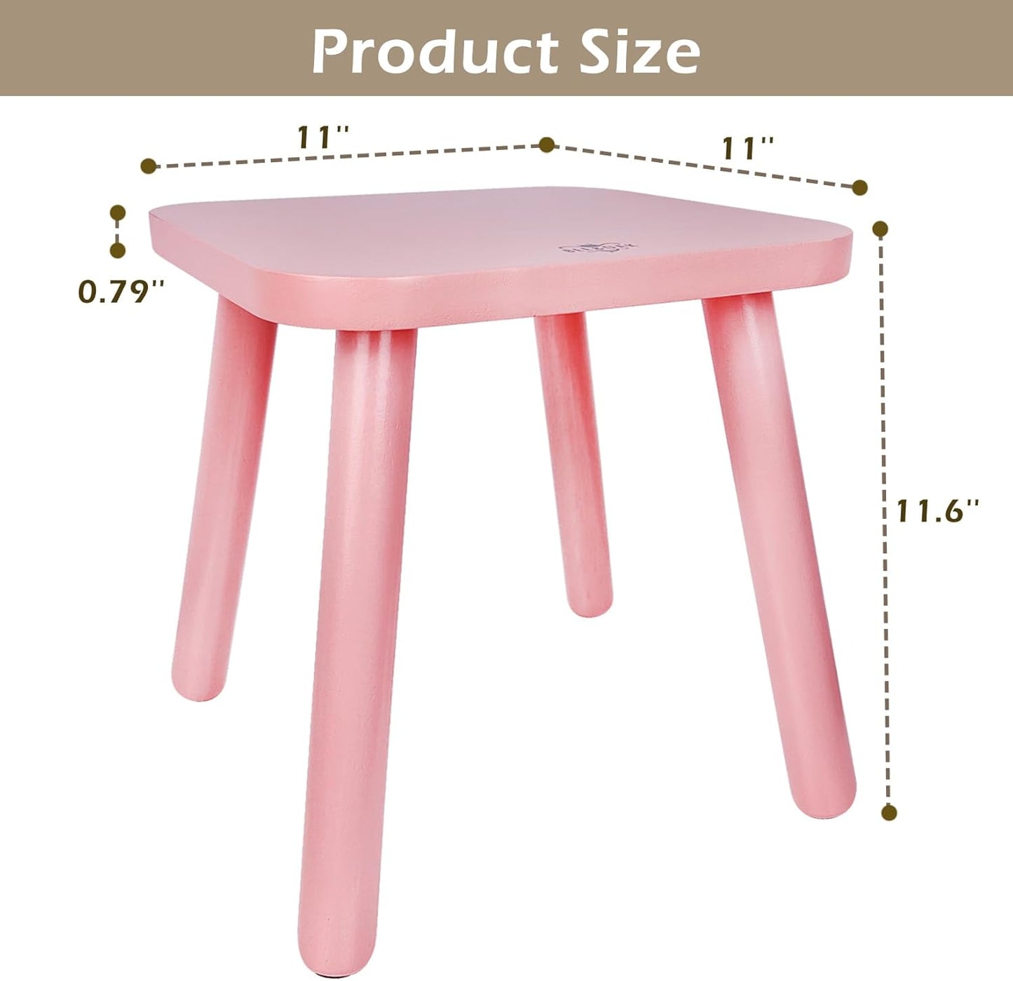 BEE&OAK Wooden Step Stools for Adults, Solid Rubber Wood Non-Slip Step Foot Stool, Heavy Duty 300 lbs One Step Stool for Bedroom, Bathroom, Kitchen,Outdoor (Pink, 11" (D) x 11"(W) x 11.8"(H))