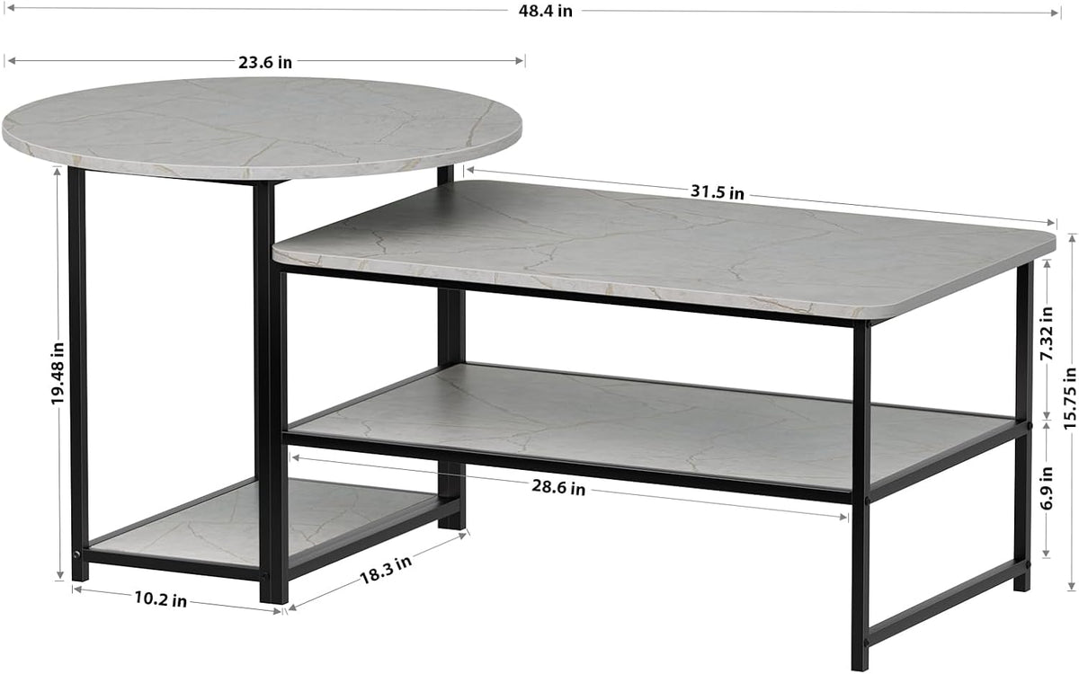 WOHOMO Coffee Table, Modern Style Coffee Tables for Living Room Marble Center Table with Storage 2 in 1Detachable Table Set,Grey Marble