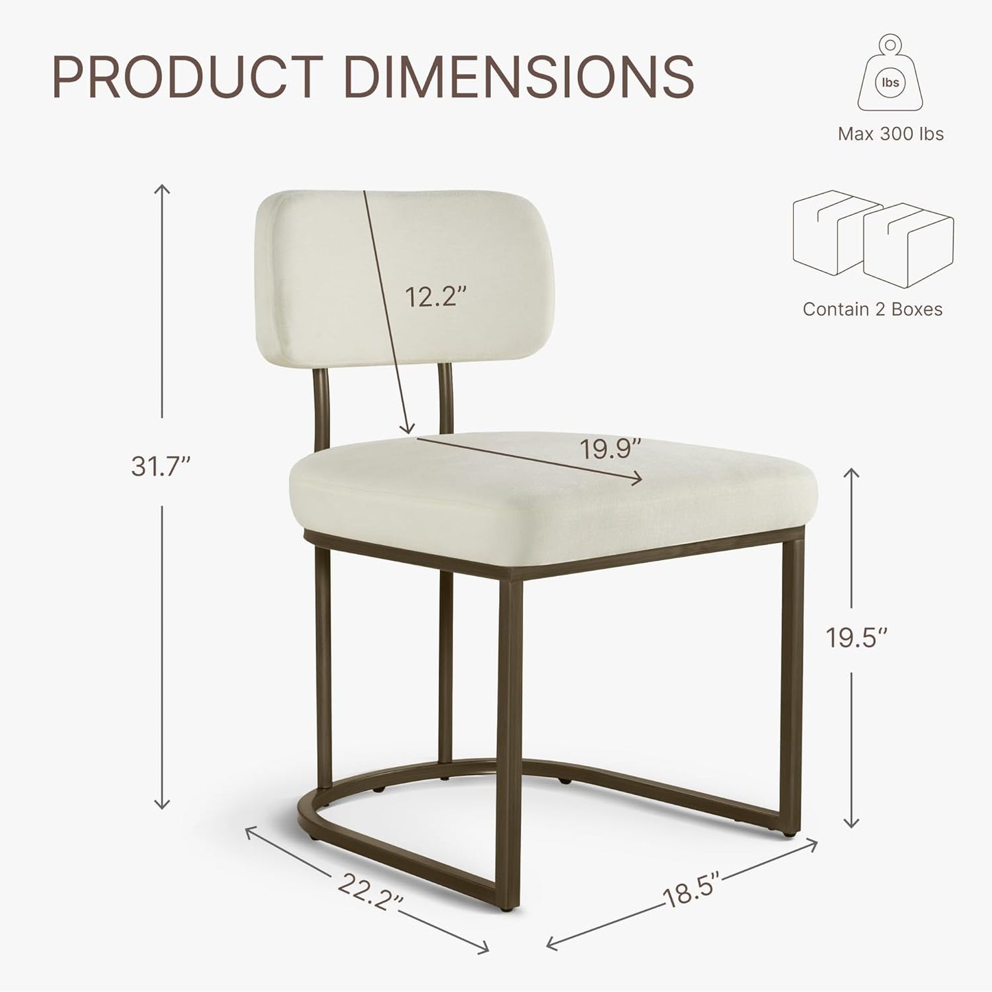 Dining Chairs Set of 4, Upholstered Modern Kitchen Chairs with Ergonomic Backrest, Fabric Cushion Seat & Metal Legs for Living Room, Restaurant, and Café, Ivory, 2Boxs