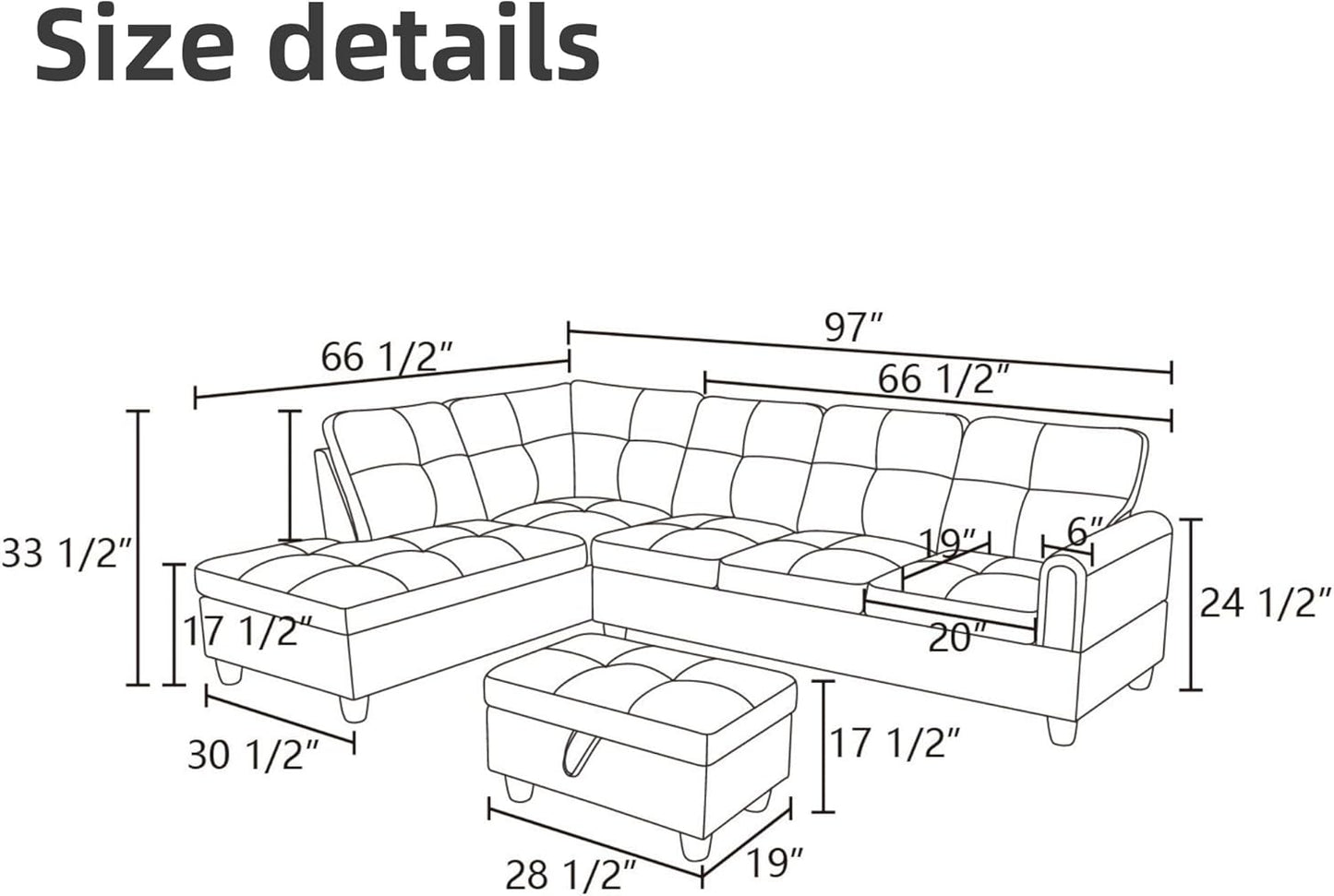 L Shaped Sectional Couches for Living Room, Modular Sectional Sofa with Ottoman Storage, Modern Comfy 4 Seat L Shaped Couch with Chaise for Bedroom Apartment Furniture, Black
