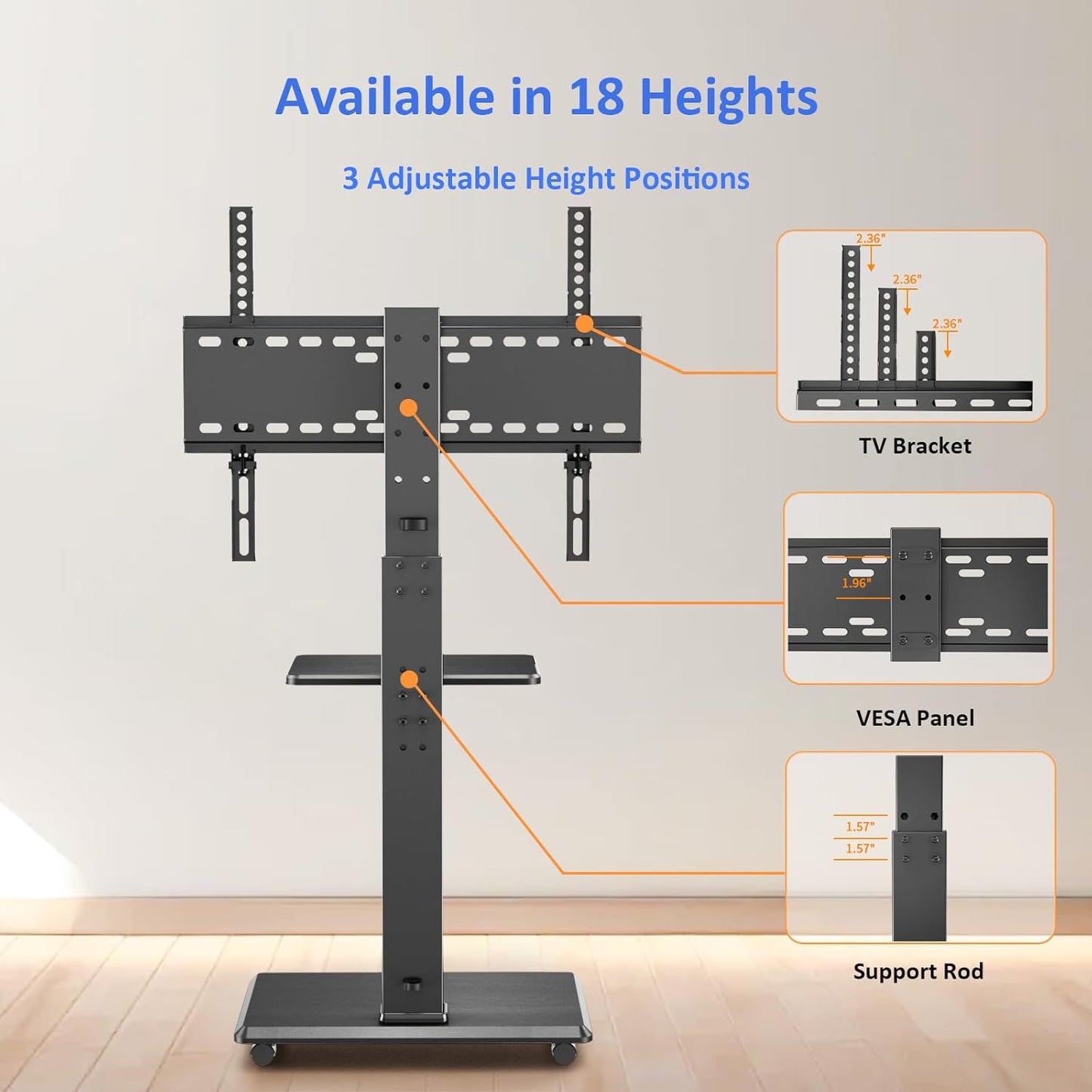 Rolling TV Stand, Mobile TV Cart for 32-75 Inch TVs up to 110 lbs, 18 Adjustable Heights, TV Floor Stand with Swivel Mount & Shelf, Max VESA 600x400mm, TV Stand on Wheels for Bedroom, Office, Outdoor