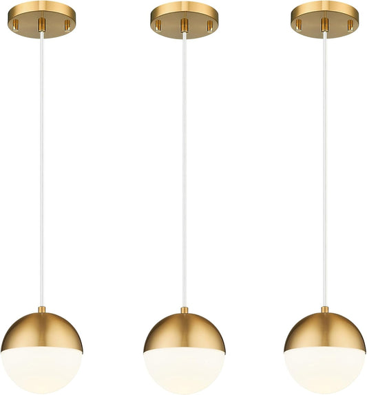 LMS Mid Century Pendant Lights, Brushed Gold Kitchen Island Light Fixtures with White Globe Glass Shade, Adjustable Hanging Cord, 3-Pack for Home Office Dining Room Bathroom, LMS-186PL-BGWS3PK