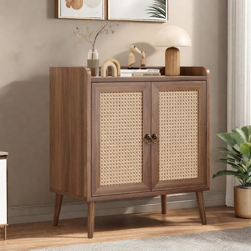 Buffet Cabinet, Rattan Storage Cabinet with Round Pull Rings, Sideboard with Ample Storage, Bar Liquor Shelf with 2 Doors for Living Room, Hallway, Light Brown