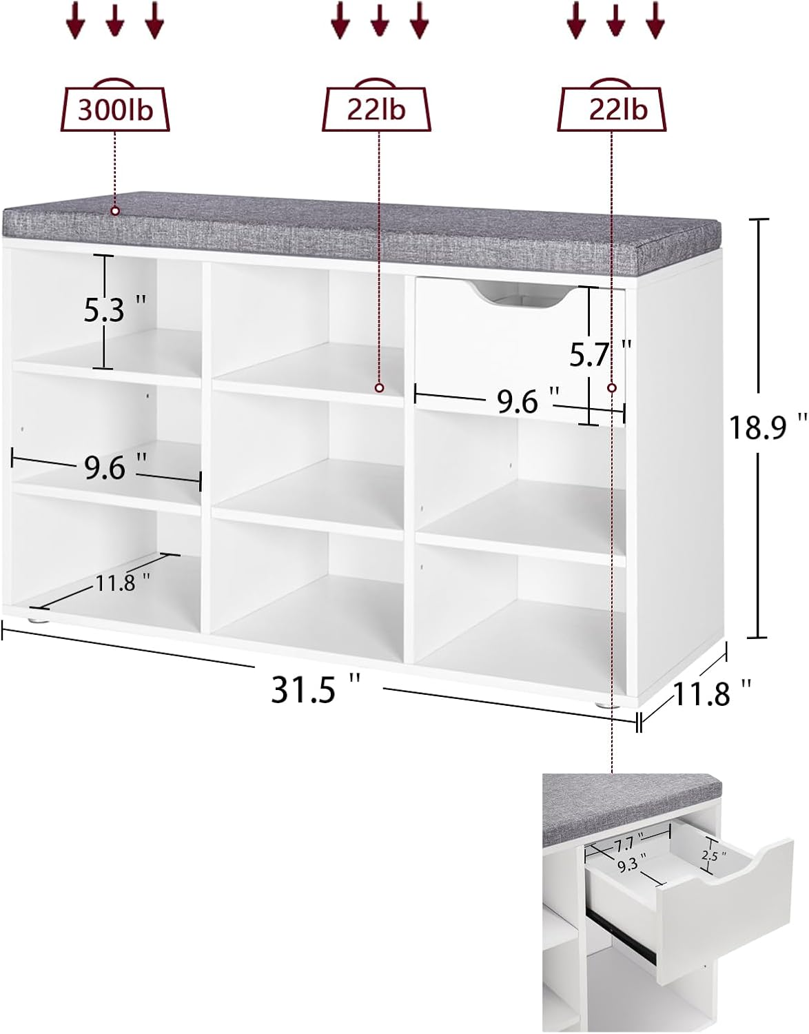DINZI LVJ Shoe Bench,Entryway Storage Bench with Drawer and 8 Cubbies,Cubby Rack Adjustable Shelves,Shoe Organizer Cabinet for Living Room,Bedroom,Mudroom,Closet Garage,White