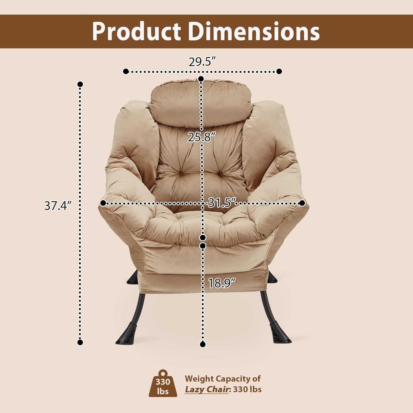 Lazy Chair Thick Padded, Comfy Velvet Accent Lounge Chair with Stable Frame, Leisure Sofa Armchair with Armrests and Side Pocket, Reading Chair for Bedroom, Living Room, Office, Khaki