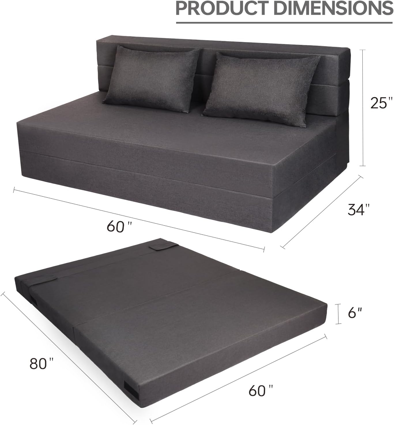 Folding Sofa Bed, Foldable Bed Sleeper Chair with Pillow, Convertible Sofa Bed with Washable Cover, Fold Out Couch,Futon Couch for Living Room, Dorm, Guest Room, Queen Size, Dark Grey