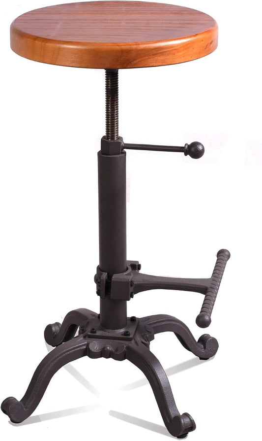 Topower Industrial Retro Vintage Farm Wooden Tractor Stool Kitchen Swivel Height Adjustable bar Stool (Dark Brown)