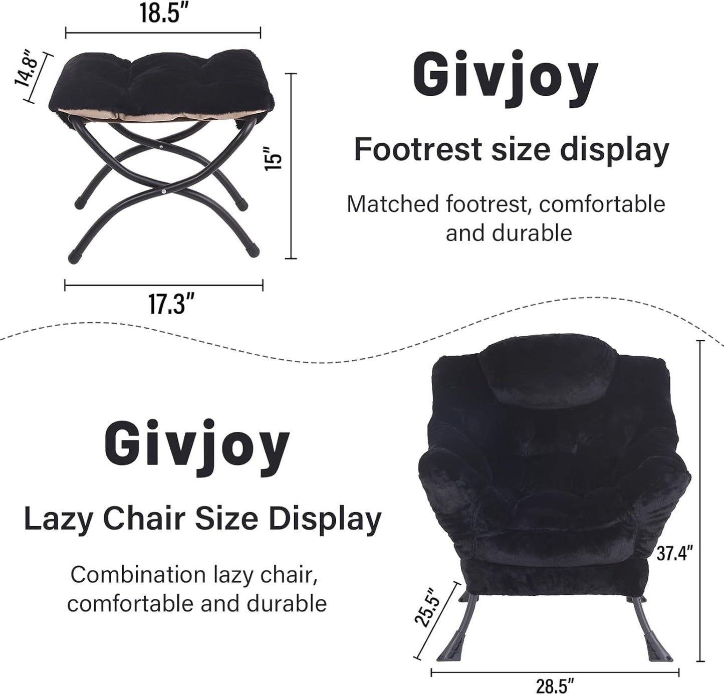 Plush Lazy Chair and Ottoman, Large Contemporary Accent Lounge Chair with Armrests and a Side Pocket, Modern Leisure Upholstered Sofa Reading Armchair with Footrest for Bedroom, Living Room