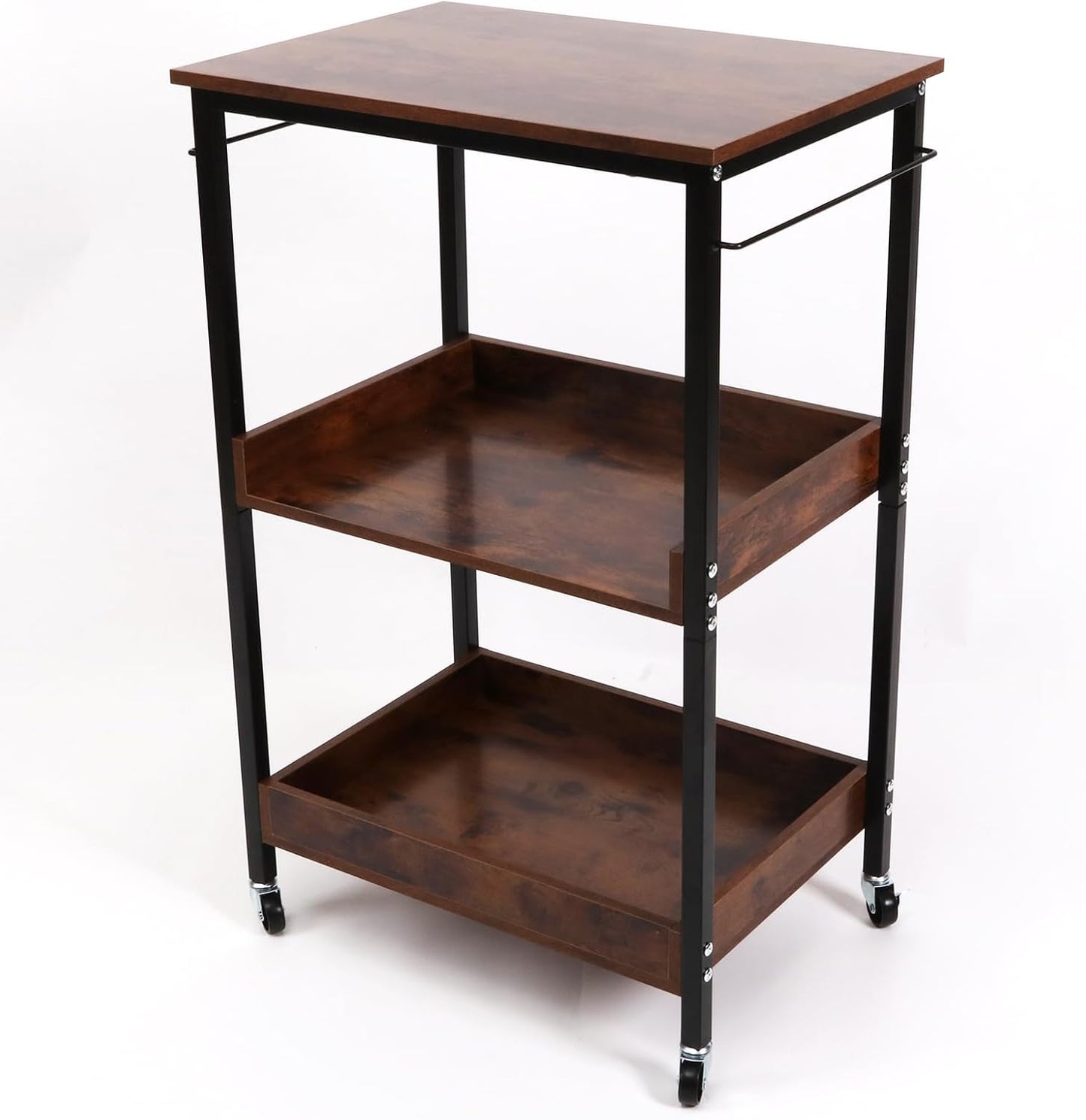 3-Tier Rolling Utility Cart with Table Top- Wooden Utility Cart wit Wheels- Kitchen Storage Microwave Table Stand, Mesh Shelves, for Living and Kitchen Room Office (Brown)