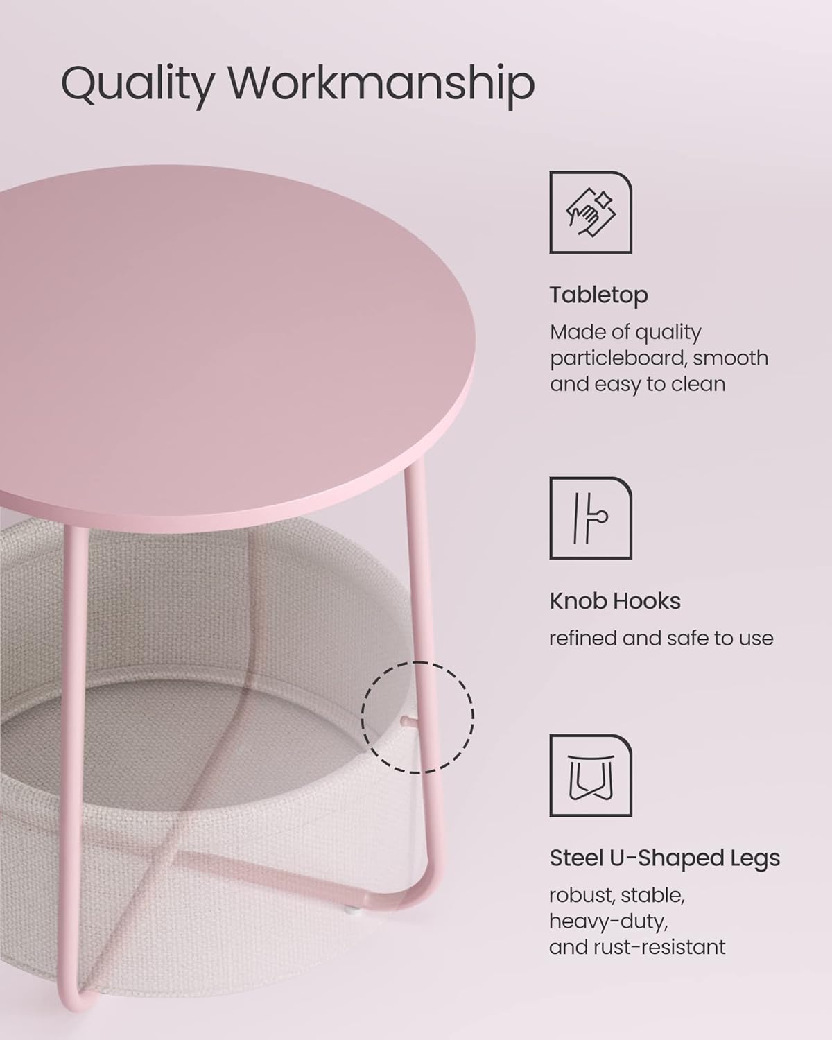 VASAGLE Small Round Side End Table, Modern Nightstand with Fabric Basket, Jelly Pink and Cream White ULET223R61