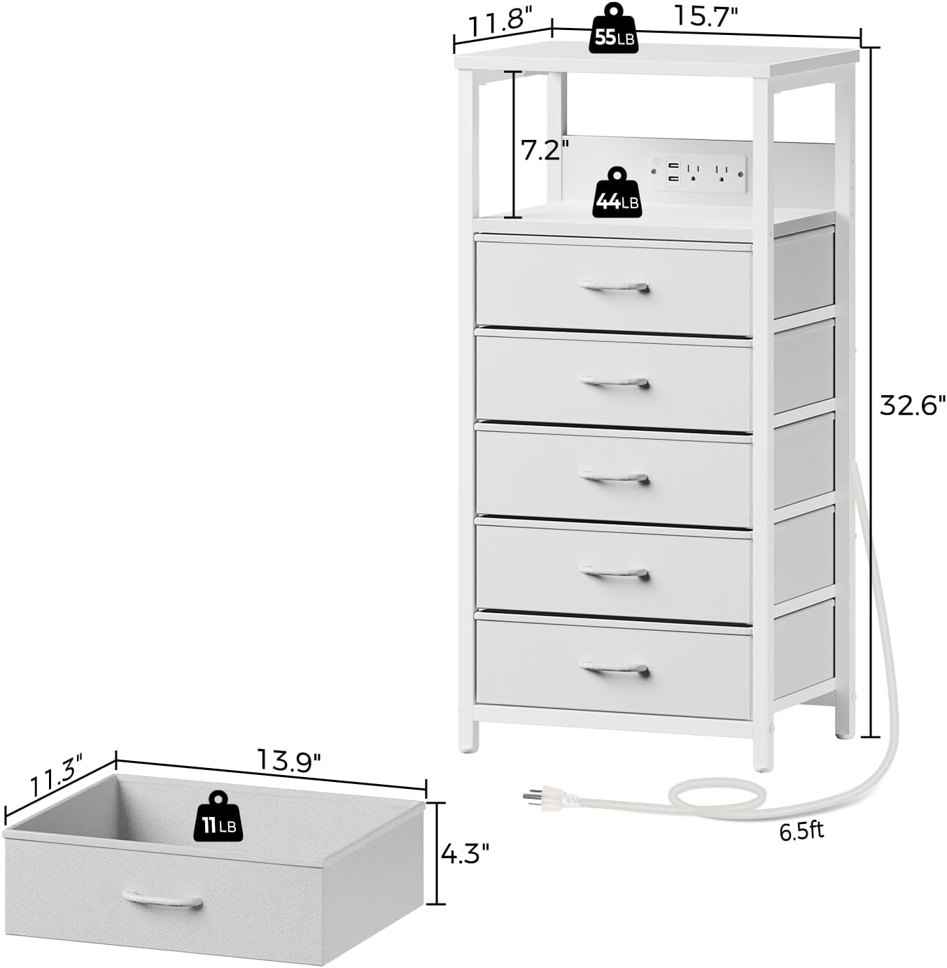 Seventable Night Stand with Charging Station, Tall Nightstand with 5 Fabric Storage Drawers, Side Table with LED Light for Bedroom, Entryway, White, Set of 2