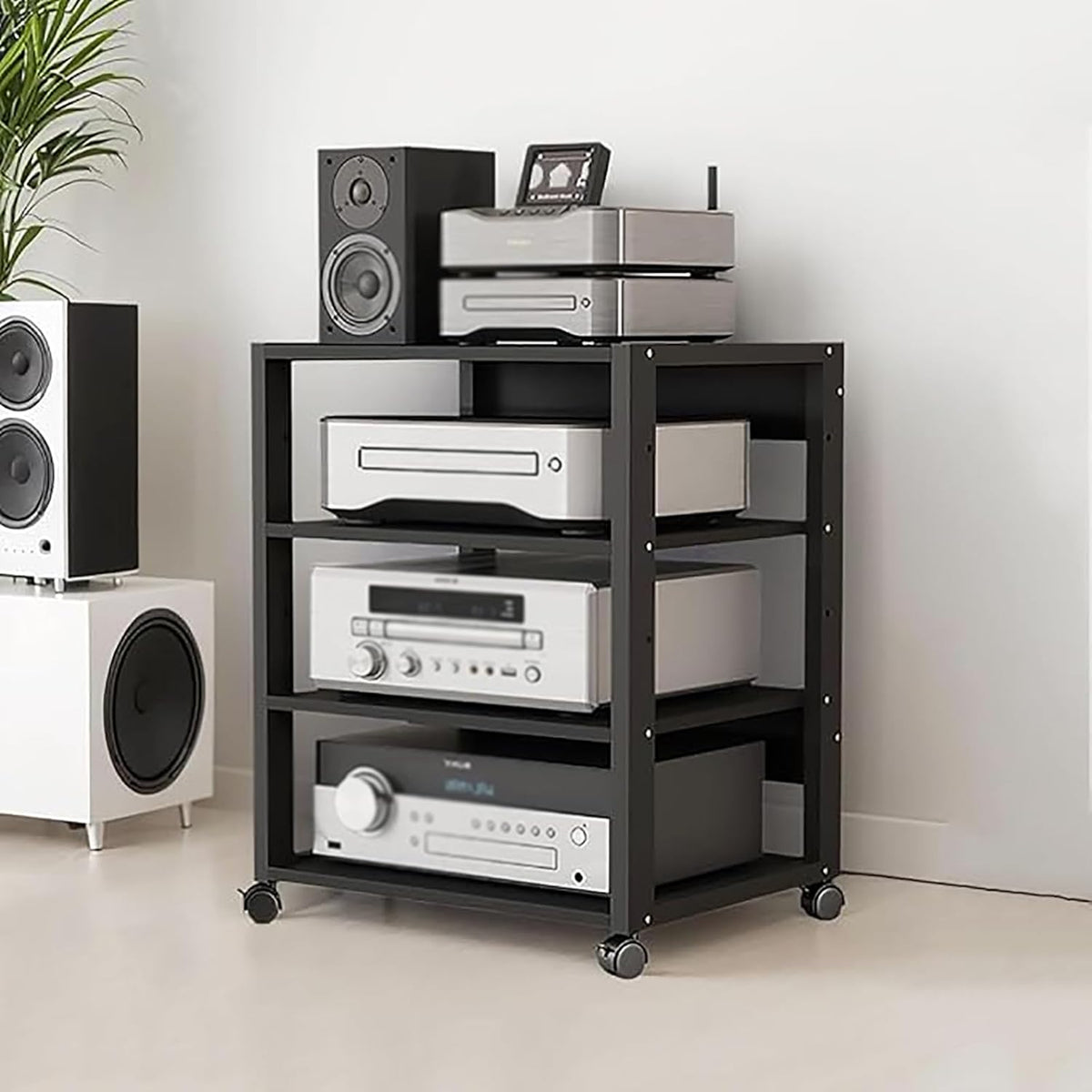 4 Tier Audio Rack Tower, CD Record Player Stereo Receiver AV Equipment Cabinet Display Rack, Weight Capacity 220 lbs, with Adjustable Wooden Shelves for Home (Black, 4tier)