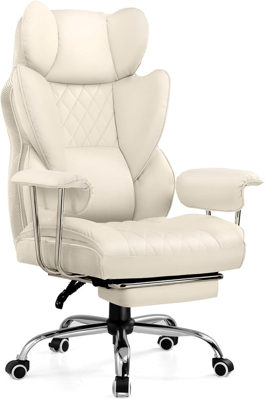 COMHOMA Big and Tall Office Chair, High Back Leather Gaming Chair with Footrest, Executive Ergonomic Office Chairs with Pocket Spring Lumbar Support and with Outward Fixed Soft Armrests