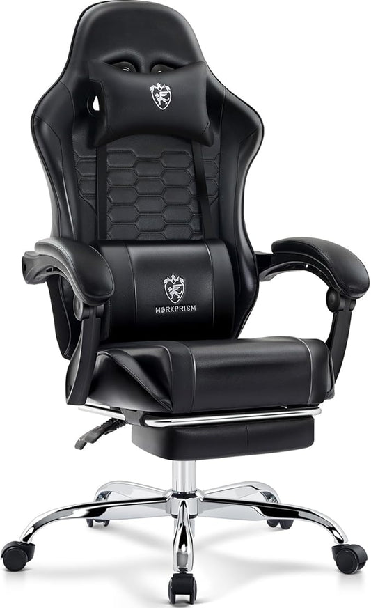 Gaming Chair,Computer Office Chair with Footrest,Massage Lumbar Support and Gel Pad,Ergonomic Reclining Adjustable Leather Gamer Chair with Headrest and Spring Cushion Black