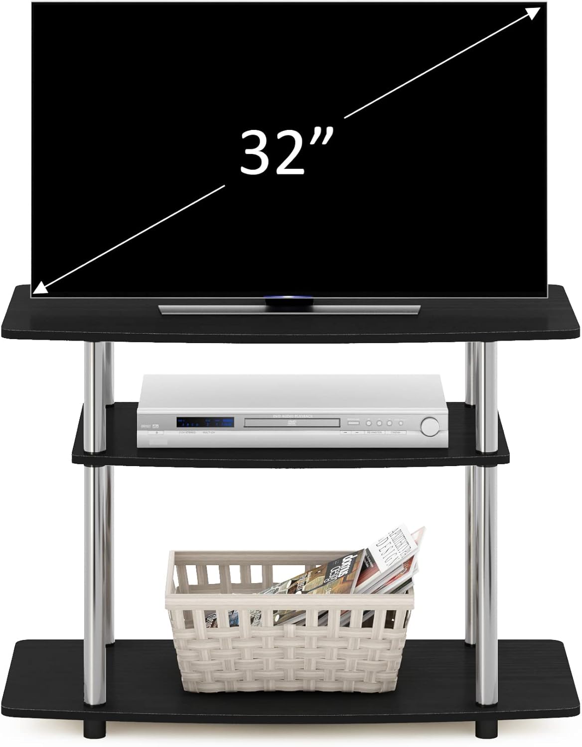 Furinno Turn-N-Tube No Tools 3-Tier Entertainment Center TV Stand for TV up to 32 Inch, Stainless Steel Tubes, Americano/Chrome