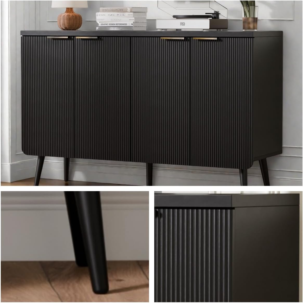Buffet Cabinet with Storage, Fluted Multifunctional Storage Cabinet with 4 Doors, Modern Sideboard Buffet Credenzas for Living Room, Entryway, Hallway, Black