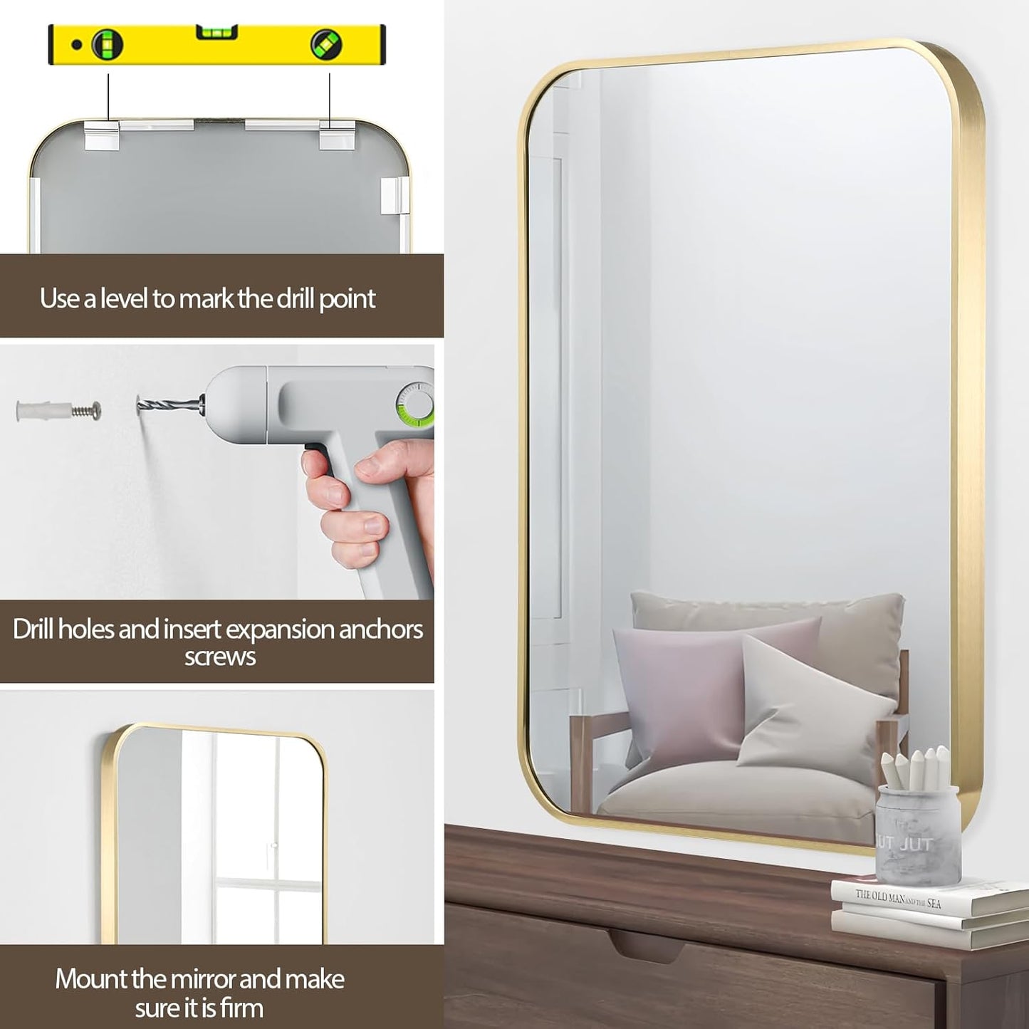Gold Bathroom Mirror, 20x28 Inch Brushed Gold Mirror, Aluminum Alloy Framed Vanity Mirror, Rounded Rectangle Mirror for Over Sink, Anti-Rust Wall Mirror (Horizontally or Vertically)