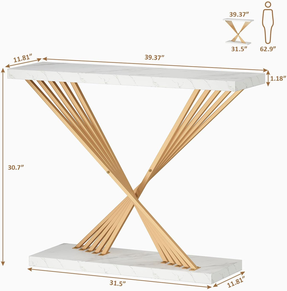 39.4 Inch Gold Console Table, White Faux Marble Modern Entryway Table Sofa Tables Behind The Couch for Entrance Hallway Living Room, X-Shape